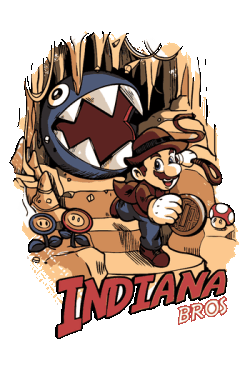 Mashup vectorial de Super Mario caracterizado como Indiana Jones con látigo y sombrero en una cueva del tesoro.